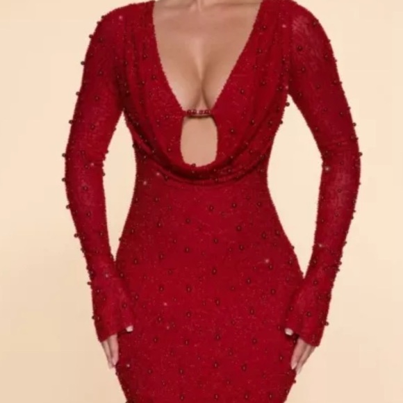 Ohpolly Nice Long Sleeve Deep Plunge Mini Dress in Rose - BNWT Medium - Picture 4 of 6